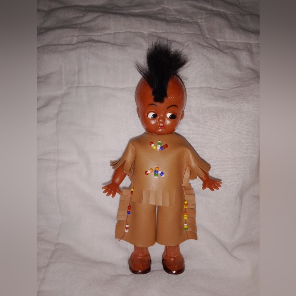 Vintage Thanksgiving Indian Boy Sleepy Eyes Doll Mohawk Beaded Made in Hong Kong